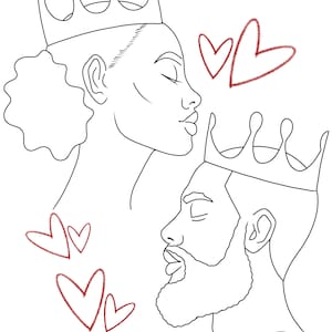 May include: Line art illustration of a king and queen wearing crowns and looking at each other.  The queen has her hair in a bun and the king has a beard.  There are red hearts around them.