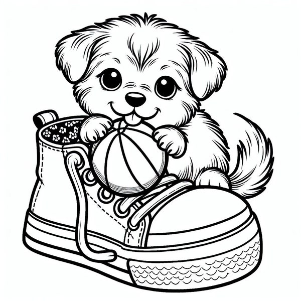 Kleurplaat puppy in sneaker