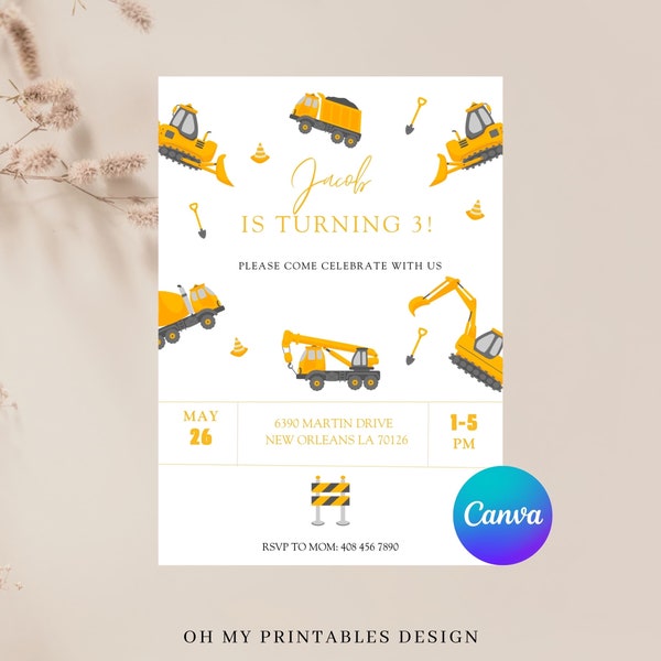 Bewerkbare bouw uitnodiging, Canva-sjabloon voor digitale download, graafmachines, instant download, jongens verjaardagsthema template