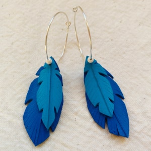 Handmade blue and aqua blue vegan feather sterling silver hoop earrings, up-cycled from bicycle inner tubes