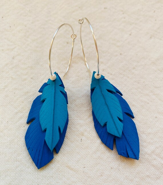 Handmade Blue and Aqua Blue Vegan Feather Sterling Silver Hoop