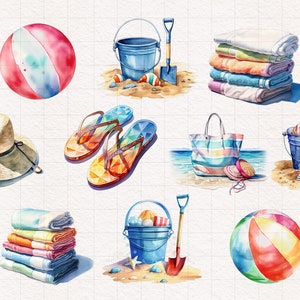 May include: A collection of beach-themed items, including a straw hat, flip flops, beach towels, beach bags, buckets, shovels, and beach balls.