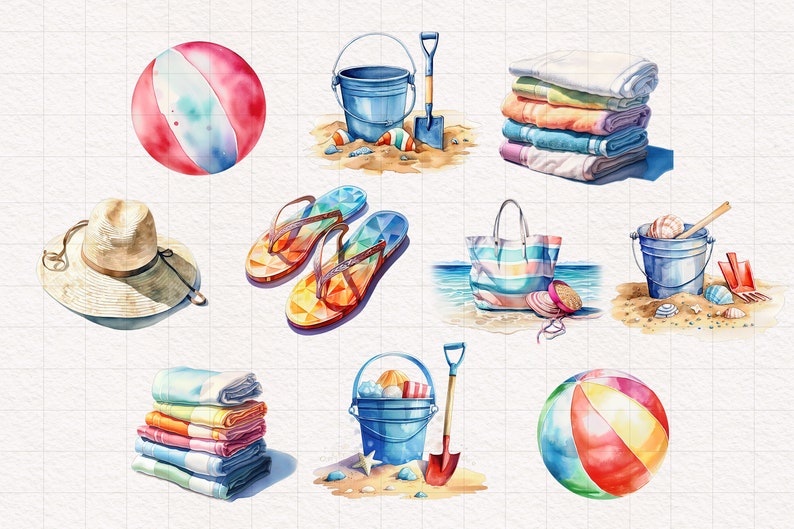 May include: A collection of beach-themed items, including a straw hat, flip flops, beach towels, beach bags, buckets, shovels, and beach balls.
