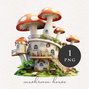 Maison champignon champignon aquarelle clipart PNG illustration graphique illustration Fantasy orange Sublimation transfert journal PNGs imprimable conte de fées