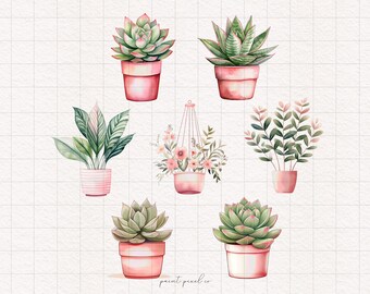 7 Pink Potted Plants Clipart Garden PNG Junk Journal elements Cute Succulent illustration Cottagecore Scrapbook ephemera sublimation DTF POD