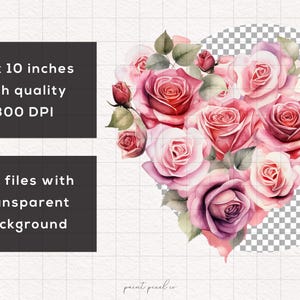 Puede incluir: Ilustraci&oacute;n en acuarela de un arreglo en forma de coraz&oacute;n de rosas rosas y rojas con hojas verdes. La imagen incluye el texto "10 x 10 pulgadas, Alta calidad, 300 DPI" y "Archivos PNG con fondo transparente."