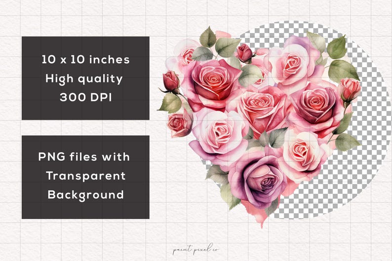 Puede incluir: Ilustraci&oacute;n en acuarela de un arreglo en forma de coraz&oacute;n de rosas rosas y rojas con hojas verdes. La imagen incluye el texto "10 x 10 pulgadas, Alta calidad, 300 DPI" y "Archivos PNG con fondo transparente."