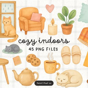 May include: Watercolor illustration of cozy indoor elements. Includes an armchair, cats, a window, a blanket, a candle, a lamp, a teapot, cookies, a mug, and other items. The text "cozy indoors" and "45 PNG FILES" are also present.