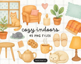 Cozy Indoors Clipart Bundle - Pastel Interiors Home PNG images (Commercial Use) (Digital Download)