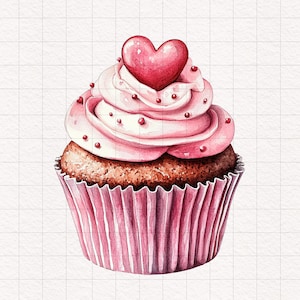16 cupcakes de corazón rosa PNG clipart de cupcakes del día de San Valentín lindos dulces gráficos ilustración de postre manualidades de papel álbum de recortes comida