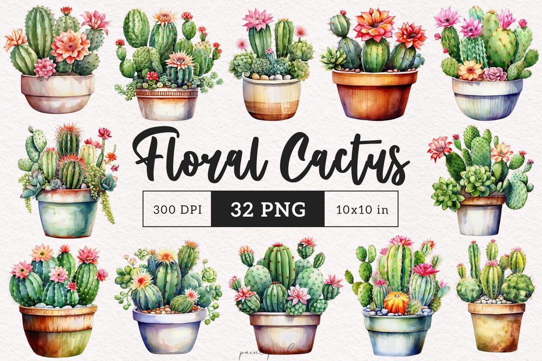 Blooming Cactus PNG Watercolor Potted Cactus Floral Clipart Desert ...