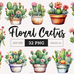 Cactus en fleurs PNG aquarelle cactus en pot Floral clipart jardin des amateurs de plantes du désert Sublimation papier artisanat Junk Journal Kit imprimable