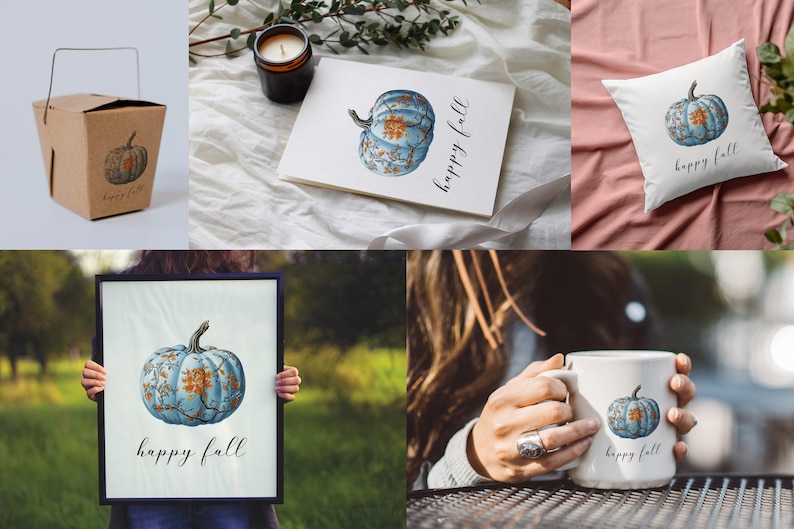 Peut inclure: Plusieurs articles sur le th&egrave;me de l'automne avec un motif de citrouille bleue et des d&eacute;tails floraux orange. Les articles comprennent une bo&icirc;te cadeau, un carnet, un coussin, une impression encadr&eacute;e et une tasse. L'expression "happy fall" est pr&eacute;sente.