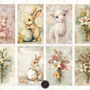 May include: A collection of eight vintage-style Easter-themed prints. The prints feature illustrations of bunnies, a lamb, crosses, and flowers. The color palette includes soft pastels and muted tones, with a textured, aged paper background.