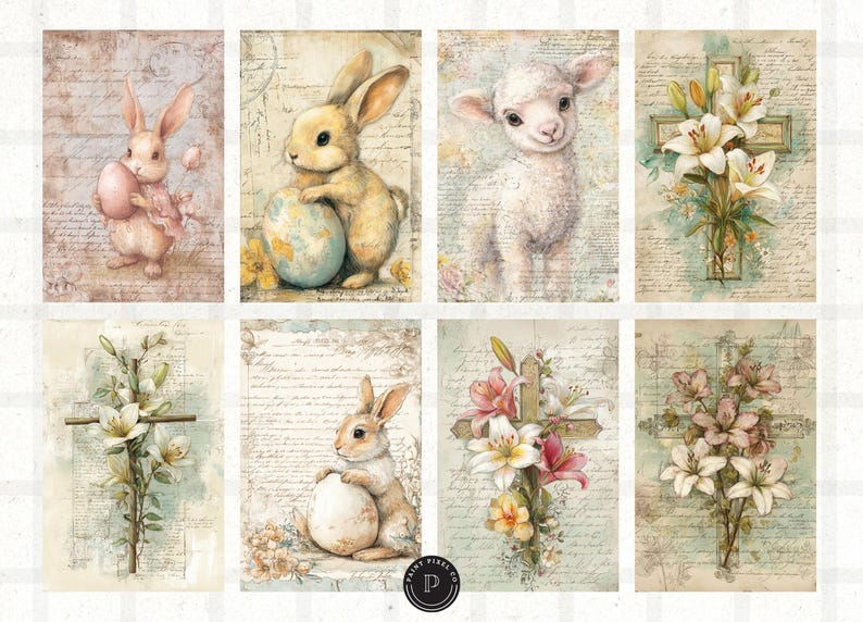 May include: A collection of eight vintage-style Easter-themed prints. The prints feature illustrations of bunnies, a lamb, crosses, and flowers. The color palette includes soft pastels and muted tones, with a textured, aged paper background.