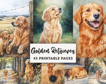 Diario stampabile con Golden Retriever - Animali accoglienti, stampabili, estetici - Album di ritagli, shabby chic, effimeri, sfondi digitali