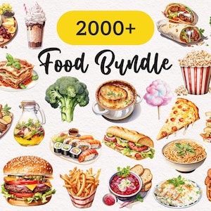 Nourriture mega Bundle clipart aquarelle Fruits légumes nourriture graphiques pain Dessert Scrapbooking déjeuner illustration imprimable usage Commercial