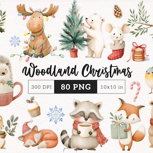 80 Julklappar i skogen, söta akvareller, minimalistiska juldjur, PNG, vinter, sublimering, jul, ren, björn, igelkott, kommersiellt bruk