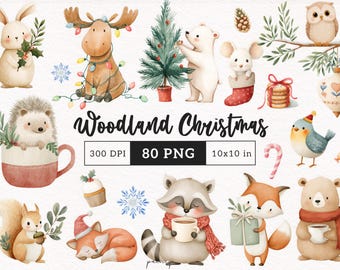 Peut inclure: Illustration à l'aquarelle avec des animaux de la forêt et des éléments de Noël. Comprend un lapin, un orignal avec des lumières, un ours, un renard, un raton laveur, un hibou et une souris. Le texte "Woodland Christmas" est affiché, avec des dimensions de 25.4x25.4 cm.