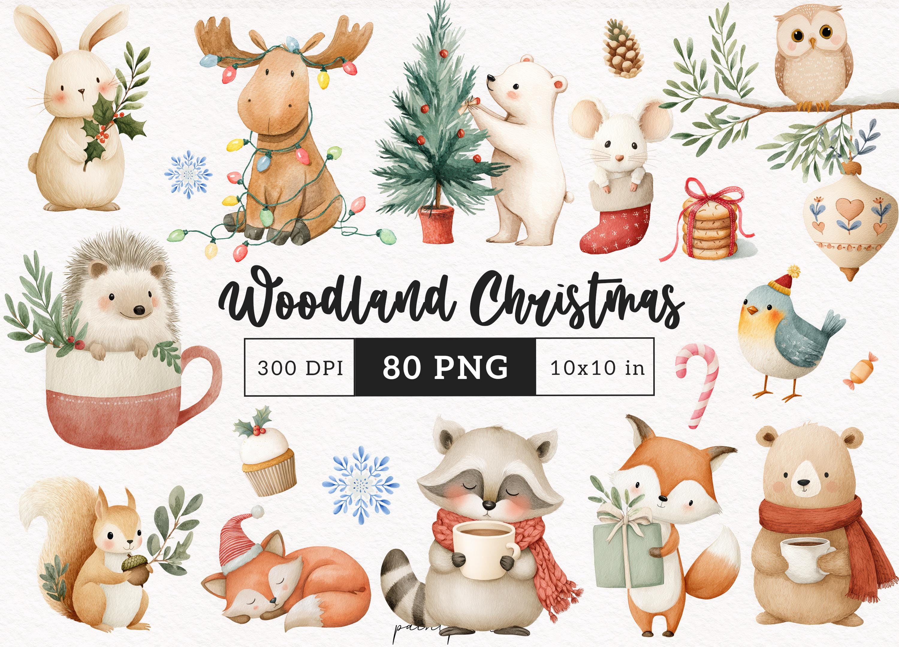 80 Woodland Christmas Clipart Cute Watercolor Minimalist Holiday Animals  PNG Winter Sublimation Xmas Reindeer Bear Hedgehog Commercial Use - Etsy, image size:3000x2160