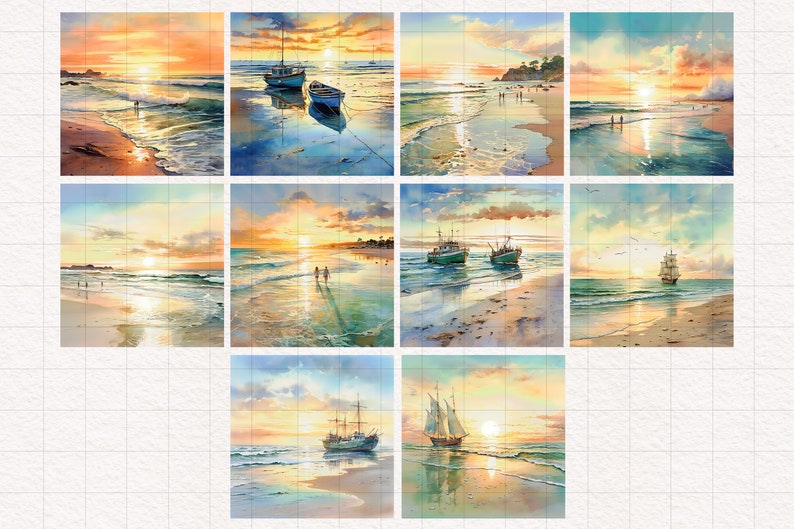 May include: A collection of nine watercolor paintings depicting seascapes at sunset. Each painting features a different scene, including boats, ships, and people walking on the beach.