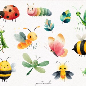May include: Watercolor illustrations of various insects, including a ladybug, caterpillar, bee, butterfly, and dragonfly. The insects are depicted in a cute, cartoon style with bright colors and friendly expressions. The artwork has a whimsical, playful feel.
