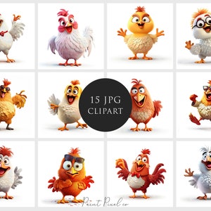 Lustiges Huhn Clipart JPG Hochwertige JPGs Niedliche Henne Hahn 3d Sublimation Junk Journal Digitales Papier Basteln Kommerzielle Lizenz