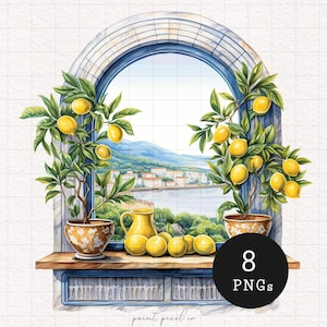 May include: A watercolour painting of a window with a view of a coastal town. Two potted lemon trees with yellow lemons are on either side of the window. The window is arched and has a blue frame. The text "8 PNGs" is in the lower right corner of the image.