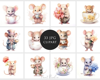 Cute Mouse clipart High Quality JPGs Watercolor Mice with flower and cup clip art Sublimation Junk Journal Paper crafting Commercial License