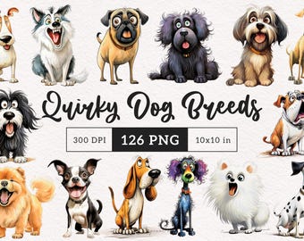Imágenes prediseñadas de razas de perros extravagantes, razas de mascotas PNG, perros caprichosos, imágenes prediseñadas de sublimación, animales, cachorros, gráficos extravagantes, mascotas divertidas, ilustración de perro