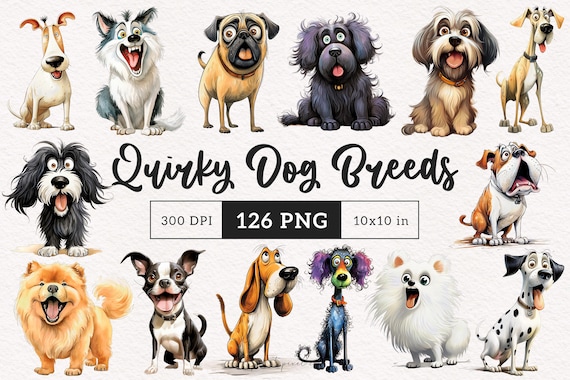 Quirky Dog Breeds Clipart Pet breed PNG Whimsical Dogs Sublimation clip art animals Pups Whimsy graphics Funny Pets dog illustration