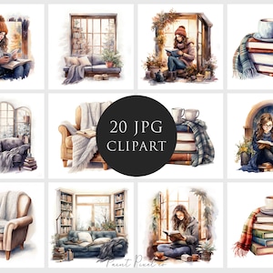 20 Book Clipart JPGs de haute qualité Winter Girl Reading clipart Sublimation Junk Journal Carte de fabrication de papier numérique faisant une licence commerciale