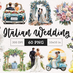 Clipart de boda italiana Día de la boda PNG Acuarela Recién casados Rústico Novia Lugar de celebración de la boda Sublimación Manualidad Fabricación de tarjetas imprimibles