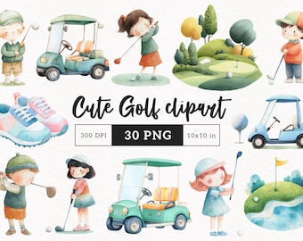 Lindo clipart de golf, acuarela, equipo de golf PNG, lindo carrito de golf para niños, golf, actividad deportiva, cumpleaños, baby shower, creación de tarjetas, uso comercial
