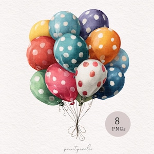 8 polkadotballonnen Clipart kleurrijk Happy Birthday Decor PNG Rainbow Feestartikelen Ballonnen Sublimatie Kaarten maken Uitnodigingsafbeeldingen