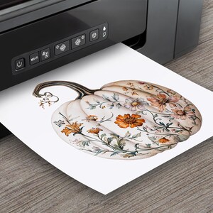 Peut inclure: Une illustration &agrave; l'aquarelle d'une citrouille avec des motifs floraux orange, cr&egrave;me et verts est imprim&eacute;e &agrave; partir d'une imprimante noire. La citrouille a une tige incurv&eacute;e et est pos&eacute;e sur un fond blanc.