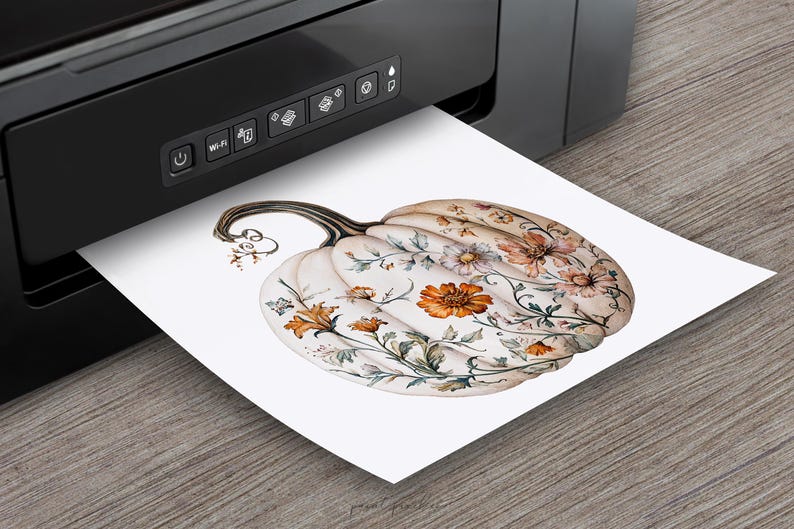 Peut inclure: Une illustration &agrave; l'aquarelle d'une citrouille avec des motifs floraux orange, cr&egrave;me et verts est imprim&eacute;e &agrave; partir d'une imprimante noire. La citrouille a une tige incurv&eacute;e et est pos&eacute;e sur un fond blanc.