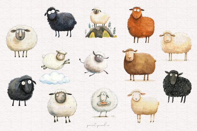 May include: A collection of 11 watercolor illustrations of sheep in various poses. The sheep are white, black, brown, and orange. Some sheep are jumping, some are standing, and some are eating. The illustrations are on a white background.
