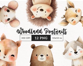 Cute Woodland Portraits Clipart PNG Watercolor Cute Baby Animals Nursery Boho Forest animal Baby Shower Jungle Nursery Decor Fox Bear wolf