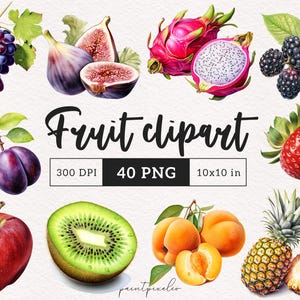 Clipart de frutas, comida, PNG, gráficos de bayas, uvas, melocotón, ilustración, plátano, kiwi, piña, mango, manualidades de papel, álbum de recortes, arte de pared imprimible