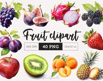 Fruit Clipart Food PNG Berries graphics Grapes Peach illustration Banana Kiwi Pineapple Mango Paper Crafting Scrapbook Printable wall art