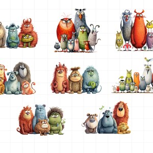 May include: A collection of nine colorful illustrations featuring various cartoon monsters and creatures. Each illustration depicts a group of monsters with different expressions and poses. The illustrations are painted in a whimsical style with bright colors and playful details.