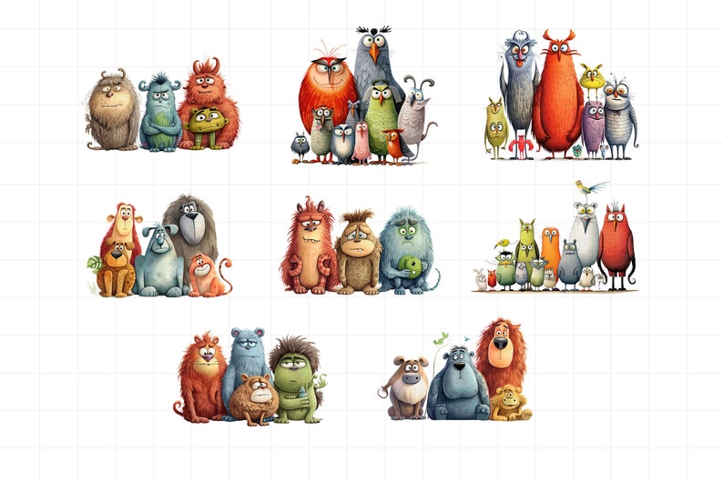 May include: A collection of nine colorful illustrations featuring various cartoon monsters and creatures. Each illustration depicts a group of monsters with different expressions and poses. The illustrations are painted in a whimsical style with bright colors and playful details.