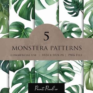 May include: Five digital seamless patterns featuring watercolor illustrations of green monstera leaves on a white background. The text "5 MONSTERA PATTERNS" is displayed in a brown rectangle. The text "COMMERCIAL USE | 1024 x 1024 PX | PNG FILE" is displayed below the title. The text "Paint Pixel co" is displayed in the bottom right corner.