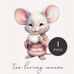 Mouse drinking tea PNG clipart vintage animal Clip art nursery adorable rodent graphics woodland PNGs Sublimation Card making Journaling