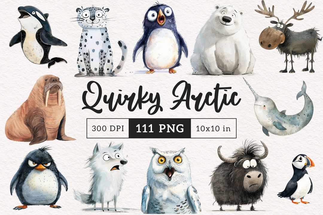 Quirky Arctic Animals Clipart PNG Funny Polar Bear Arctic Fox Wolf ...