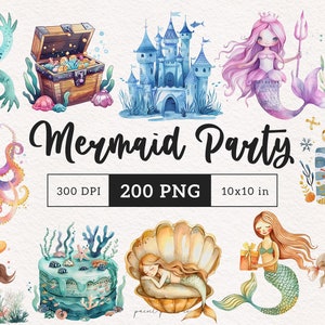 Whimsical Mermaid clipart PNG Cenas subaquáticas Sublimação clip art bonito sereia aniversário Castelo caprichoso Ilustrações em aquarela decoração de meninas