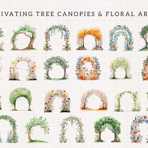Peut inclure: Une collection de 20 illustrations &agrave; l'aquarelle de canop&eacute;es d'arbres et d'arches florales. Les illustrations sont de styles vari&eacute;s, notamment des arbres verts, des branches nues et des fleurs color&eacute;es. Les illustrations sont parfaites pour ajouter une touche de nature &agrave; tout projet.
