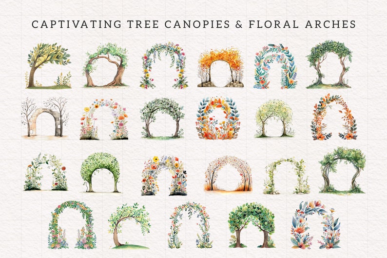 Peut inclure: Une collection de 20 illustrations &agrave; l'aquarelle de canop&eacute;es d'arbres et d'arches florales. Les illustrations sont de styles vari&eacute;s, notamment des arbres verts, des branches nues et des fleurs color&eacute;es. Les illustrations sont parfaites pour ajouter une touche de nature &agrave; tout projet.