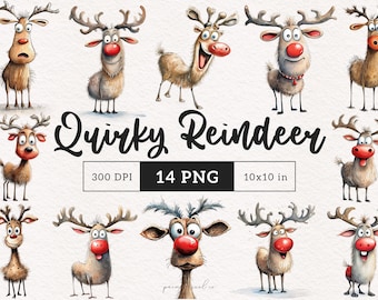 May include: A set of 14 digital illustrations of quirky reindeer with red noses. The reindeer are drawn in a watercolor style and have different expressions. The illustrations are perfect for adding a touch of whimsy to your holiday projects.
